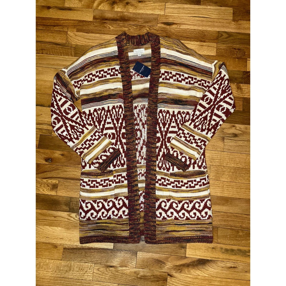 Lucky Brand NWT Womens Sweater Sz S Aztec Cardigan Open Front Red Cream Cotton